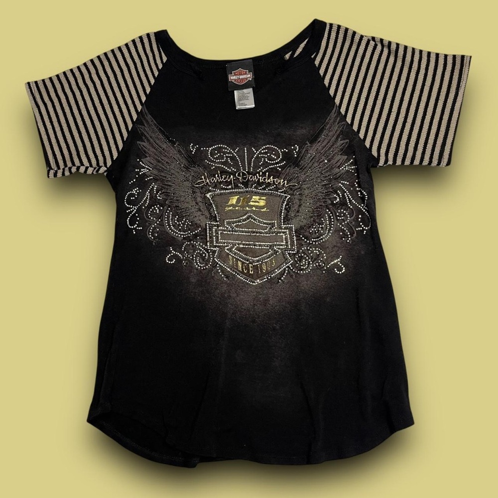 Harley Davidson Rhinestone Graphic Top Striped Sleeves Size Small Mcbling Biker